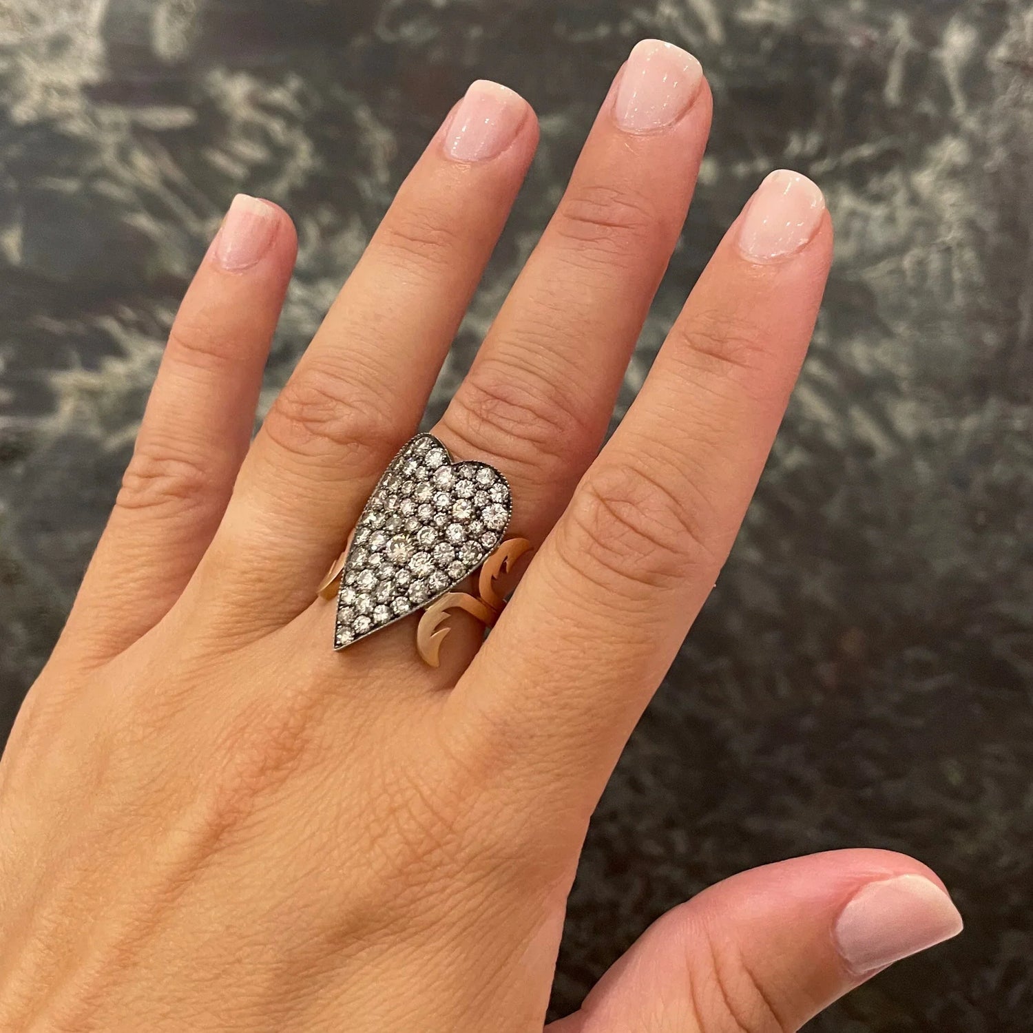 Champagne Diamond Heart Ten Table Ring in Rose Gold